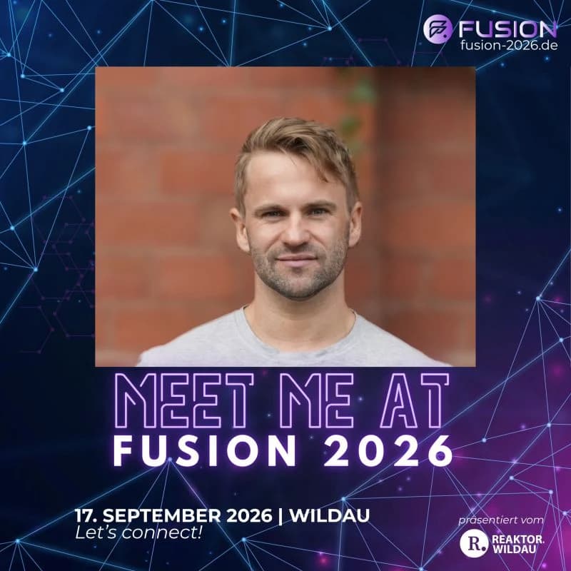 FUSION 2026 speaker card — a portrait of Ron van de Sand against a dark blue network graphic, below it “Meet me at Fusion 2026”, the date 17 September 2026 in Wildau, and the Reaktor Wildau logo.